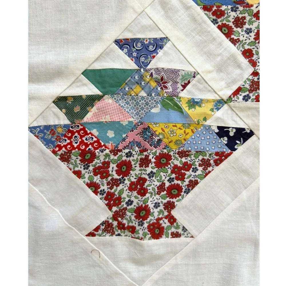 Vtg Antique Lap Wall Flower Basket Quilt Top Exc Cotton Prints, Feedsack 39